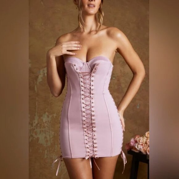 Oh Polly Dresses & Skirts - Oh Polly Emira Satin Lace-Up Corset Bandeau Micro Mini Dress 8 Mauve Bodycon